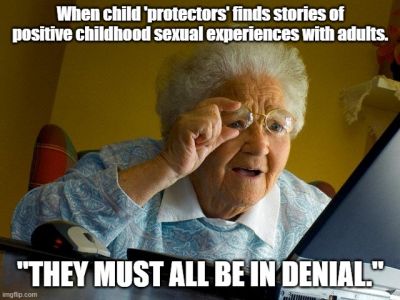 Child protectors believe children are in denial (minor-adult sex, testimony, rationalization, distortion, minors, ignorant, fallacy, mental blocking)