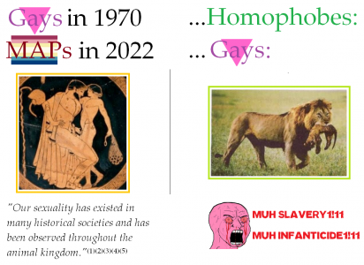 Gay hypocrisy re whataboutism over argument from nature/history (hypocrisy, gay, lgbt, irrational, slavery, barbaric, anger, nature, animals, historical, anthropological, homophobes, greece, pederasty)