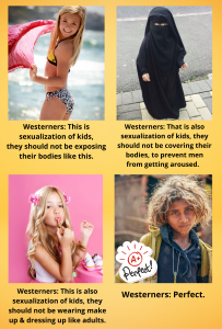 Sexualization with Hijab and Bikini (nudity, children, protection, americans, western, hysteria, psychotic, neurosis, clothing, make-up, hypocrisy, grooming)