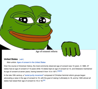 Pepe Wikipedia meme intended for use on 4Chan - Feminism and Age of Consent reformism (groyper, redpill, 4chan, puritan, reformism, frog)