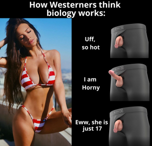 How Westerners think biology works (western, nonwestern, hypocrisy, child, adult, teen, arousal, attraction, americans, age, 18, absurd)